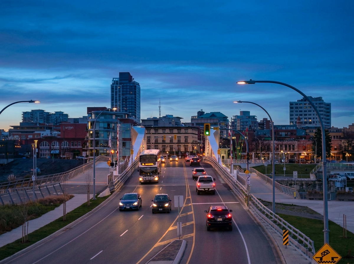 Traffic crossing the Johnson Street Bridge into downtown Victoria at dusk