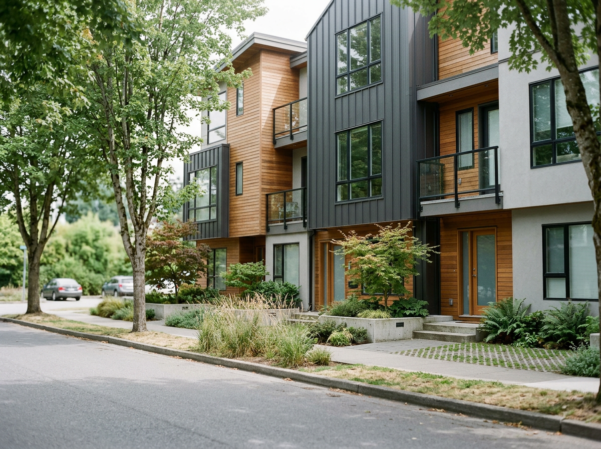 Modern missing middle townhomes with wood and dark siding on a tree-lined street